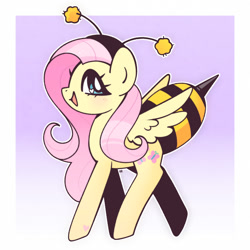 Size: 1750x1750 | Tagged: safe, artist:vivian reed, imported from derpibooru, fluttershy, pegasus, pony, animal costume, bee costume, blushing, border, clothes, costume, cute, female, flutterbee, gradient background, halftone effect, heart, heart eyes, mare, open mouth, open smile, outline, shyabetes, smiling, solo, white outline, wingding eyes