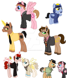 Size: 830x962 | Tagged: safe, artist:moondeer1616, imported from derpibooru, heisenbuck, earth pony, pegasus, pony, unicorn, spoiler:s08e05, alternate cutie mark, aziraphale, blank flank, breaking bad, clothes, craig tucker, crossover, crowley, deviantart watermark, glowing, glowing horn, good omens, gus fring, heisenberg, horn, jesse pinkman, male, obtrusive watermark, ponified, saul goodman, simple background, south park, transparent background, walter white, watermark