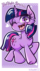 Size: 2250x4000 | Tagged: safe, artist:phoenixrk49, imported from derpibooru, twilight sparkle, pony, unicorn, butt, eyebrows, eyebrows visible through hair, female, heart, high res, large butt, looking at you, mare, name, one eye closed, open mouth, open smile, passepartout, purple background, signature, simple background, smiling, smiling at you, solo, tongue out, twibutt, unicorn twilight, wink, winking at you