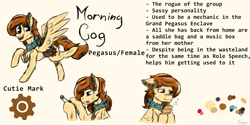 Size: 1800x900 | Tagged: safe, artist:gotyx96, imported from derpibooru, oc, oc only, oc:morning cog, pegasus, pony, fallout equestria, bandana, bust, chest fluff, cutie mark, ear fluff, female, folded wings, lockpicking, mare, music box, music notes, orange mane, pegasus oc, purple eyes, reference sheet, solo, spread wings, wings, yellow coat