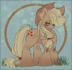 Size: 900x872 | Tagged: safe, artist:xijoh_, imported from derpibooru, applejack, earth pony, pony, abstract background, applejack's hat, bandaid, cowboy hat, female, hat, mare, solo, straw in mouth, unshorn fetlocks