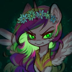 Size: 1000x1000 | Tagged: safe, artist:米米哈条, imported from derpibooru, princess cadance, queen chrysalis, alicorn, pony, abstract background, angry, disguise, disguised changeling, fake cadance, female, floral head wreath, flower, green eyes, mare, scowl, solo
