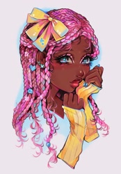 Size: 1276x1831 | Tagged: safe, artist:anniebunie, imported from derpibooru, fluttershy, human, arm warmers, bow, braid, bust, clothes, dark skin, ear piercing, earring, female, hair bow, humanized, jewelry, piercing, simple background, solo, white background
