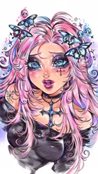 Size: 1080x1920 | Tagged: safe, artist:anniebunie, imported from derpibooru, fluttershy, butterfly, human, bust, choker, cross, cross necklace, female, fluttergoth, humanized, jewelry, makeup, necklace, skull, solo, strapless