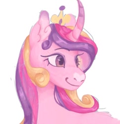 Size: 755x780 | Tagged: safe, artist:pasteljesterz, imported from derpibooru, princess cadance, alicorn, pony, bust, curved horn, cute, cutedance, female, horn, jewelry, mare, regalia, simple background, smiling, solo, white background