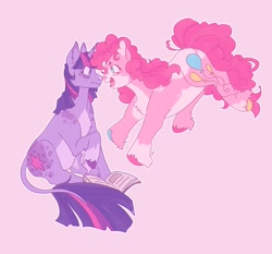 Size: 2048x1908 | Tagged: safe, artist:pasteljesterz, imported from derpibooru, pinkie pie, twilight sparkle, classical unicorn, pony, unicorn, alternate design, book, boop, chest fluff, cloven hooves, duo, female, horn, leonine tail, lesbian, mare, nose to nose, pink background, shipping, simple background, sitting, twinkie, unicorn twilight, unshorn fetlocks