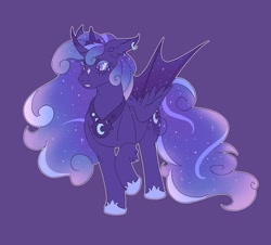 Size: 2048x1853 | Tagged: safe, artist:pasteljesterz, imported from derpibooru, princess luna, alicorn, pony, bat wings, curved horn, ear piercing, earring, female, hoof shoes, horn, jewelry, mare, peytral, piercing, purple background, regalia, simple background, solo, unusual pupils, wings