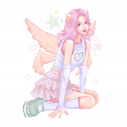 Size: 2048x2048 | Tagged: safe, artist:paddle_teaa, imported from derpibooru, fluttershy, human, abstract background, arm warmers, clothes, female, humanized, looking at you, multiple wings, sitting, skirt, solo, tanktop, winged humanization, wings