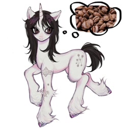 Size: 1080x1122 | Tagged: safe, artist:bioluminescentfarts, imported from derpibooru, oc, oc only, pony, unicorn, coffee beans, horn, simple background, solo, thought bubble, unshorn fetlocks, white background
