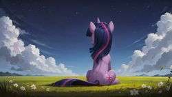 Size: 3840x2176 | Tagged: safe, imported from derpibooru, twilight sparkle, pony, unicorn, ai content, ai generated, cloud, facing away, female, flower, generator:autismmix confetti, generator:stable diffusion, grass, grass field, high res, horn, looking away, mare, prompter:truekry, sitting, sky, solo, unicorn twilight, wallpaper, wind