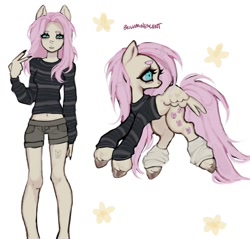 Size: 1080x1032 | Tagged: safe, artist:bioluminescentfarts, imported from derpibooru, fluttershy, anthro, pegasus, pony, abstract background, belly button, clothes, female, leg warmers, mare, self paradox, self ponidox, shorts, solo, sweater, unshorn fetlocks