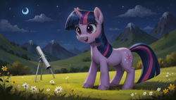 Size: 3840x2176 | Tagged: safe, imported from derpibooru, twilight sparkle, pony, unicorn, ai content, ai generated, female, filly, foal, generator:autismmix confetti, generator:stable diffusion, grass, grass field, high res, horn, moon, night, prompter:truekry, solo, stars, telescope, unicorn twilight, wallpaper