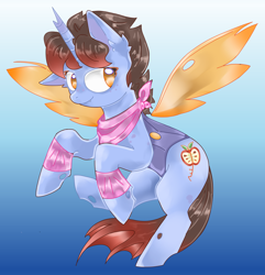 Size: 2080x2161 | Tagged: safe, artist:scarlet_dove, imported from derpibooru, oc, oc only, oc:key ti, changeling, hybrid, pony, bandana, changeling hybrid, ear fluff, female, freckles, front view, gradient background, horn, insect wings, key, mare, solo, transparent wings, two toned hair, wings