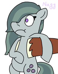 Size: 799x1024 | Tagged: safe, artist:naggfruit, imported from derpibooru, marble pie, trouble shoes, pony, behold, crack shipping, female, holding a pony, male, marbleshoes, shipping, simple background, straight