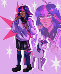 Size: 1280x1550 | Tagged: safe, artist:sleepparaclownsis, imported from derpibooru, twilight sparkle, human, pony, unicorn, alternate hairstyle, backpack, boots, cardigan, clothes, dark skin, duality, duo, duo female, female, humanized, mare, open mouth, self paradox, self ponidox, shirt, shoes, skirt, socks, stockings, thigh highs, unicorn twilight