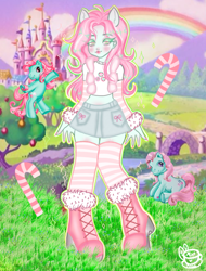 Size: 1024x1344 | Tagged: safe, artist:minttea030, imported from derpibooru, minty, earth pony, pony, equestria girls, blushing, boots, candy, candy cane, clothes, equestria girls-ified, female, food, g3, mare, midriff, nail polish, ponied up, shirt, shoes, skirt, socks, solo, stockings, striped socks, thigh highs