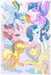 Size: 1983x2913 | Tagged: safe, artist:树妖, imported from derpibooru, applejack, fluttershy, pinkie pie, rainbow dash, rarity, twilight sparkle, alicorn, earth pony, pegasus, pony, unicorn, birthday cake, cake, concave belly, eyes closed, female, food, hat, horn, magic, mane six, mare, open mouth, party cannon, party hat, twilight sparkle (alicorn)