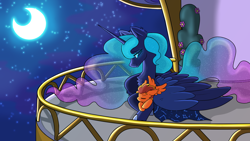Size: 3840x2160 | Tagged: safe, artist:creatorworld, artist:liquorice_sweet, imported from derpibooru, princess luna, oc, oc:fireheart(fire), alicorn, hybrid, blanket, canon x oc, cute, duo, duo male and female, female, foal, male, mother and child, mother and son, night, pegabat, stars, wholesome