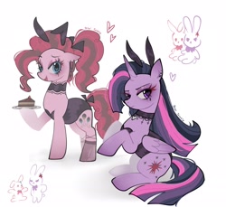 Size: 2048x1877 | Tagged: safe, artist:petaltwinkle, imported from derpibooru, pinkie pie, twilight sparkle, alicorn, earth pony, pony, alternate cutie mark, alternate hairstyle, blue eyes, bow, bunny ears, bunny girl, bunny suit, cake, cake slice, choker, clothes, colored wings, cross earring, curly mane, curly tail, duo, duo female, dyed mane, dyed tail, ear piercing, earring, eyelashes, eyeshadow, female, floating heart, folded wings, food, frown, gradient ears, gradient horn, gradient legs, gradient wings, heart, heart choker, heart eyes, hoof hold, horn, jewelry, lidded eyes, makeup, mare, multicolored mane, multicolored tail, narrowed eyes, open mouth, open smile, piercing, pink coat, plate, ponytail, purple coat, purple eyes, raised hoof, raised hooves, running makeup, shiny eyes, signature, simple background, sitting, smiling, socks, standing, stockings, straight mane, straight tail, tail, tail bow, thigh highs, tied mane, tied tail, twilight sparkle (alicorn), two toned mane, two toned tail, unicorn horn, wall of tags, white background, wingding eyes, wings