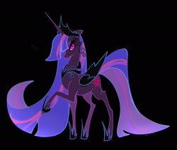 Size: 2048x1726 | Tagged: safe, artist:petaltwinkle, imported from derpibooru, twilight sparkle, alicorn, bat pony, bat pony alicorn, pony, bat wings, black background, colored wings, crown, ethereal mane, ethereal tail, eyelashes, female, folded wings, glowing, glowing eyes, headpiece, hoof shoes, horn, jewelry, long horn, long legs, long mane, long tail, mare, multicolored mane, multicolored tail, narrowed eyes, nightmare twilight, nightmarified, peytral, pink eyes, princess shoes, profile, purple coat, raised hoof, regalia, simple background, slit pupils, solo, standing, starry eyes, straight mane, straight tail, tail, thin, thin legs, tiara, twilight sparkle (alicorn), unicorn horn, wingding eyes, wings
