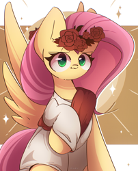 Size: 2058x2550 | Tagged: safe, artist:miryelis, imported from derpibooru, fluttershy, pegasus, pony, big ears, clothes, cute, flower, flower in hair, long hair, raised hoof, shyabetes, smiling, solo, sparkles, spread wings, wings