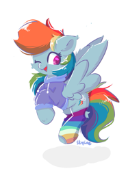 Size: 565x754 | Tagged: safe, artist:skylinepony_, imported from derpibooru, rainbow dash, pegasus, pony, clothes, cute, female, flying, hoodie, hoof hold, mare, one eye closed, open mouth, rainbow socks, simple background, smiling, socks, solo, spread wings, striped socks, white background, wings