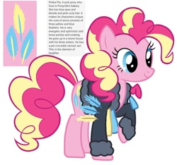 Size: 640x600 | Tagged: safe, artist:fizzled_kitty, edit, imported from derpibooru, pinkie pie, earth pony, pony, alternate cutie mark, alternate hair color, blonde hair, coat of arms, cutie mark, feather, female, google translate, implied gummy, implied limestone pie, implied marble pie, implied maud pie, recolor, simple background, solo, white background