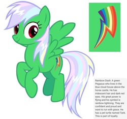 Size: 640x600 | Tagged: safe, artist:fizzled_kitty, edit, imported from derpibooru, rainbow dash, pegasus, pony, alternate color palette, alternate cutie mark, cutie mark, female, google translate, green fur, implied tank, recolor, red eyes, simple background, solo, white background