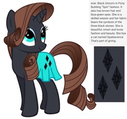 Size: 640x600 | Tagged: safe, artist:fizzled_kitty, edit, imported from derpibooru, rarity, pony, unicorn, alternate color palette, alternate cutie mark, black fur, brown hair, cutie mark, fabric, female, google translate, horn, implied opalescence, recolor, simple background, solo, white background