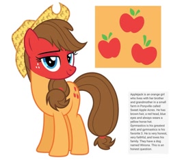 Size: 640x600 | Tagged: safe, artist:fizzled_kitty, edit, imported from derpibooru, applejack, earth pony, pony, alternate color palette, blue eyes, brown hair, cutie mark, female, google translate, hat, horse hat, implied big macintosh, implied granny smith, implied winona, recolor, red head, simple background, solo, white background