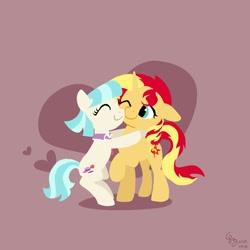 Size: 2000x2000 | Tagged: safe, artist:brella, imported from derpibooru, coco pommel, sunset shimmer, earth pony, pony, unicorn, cocobetes, cute, duo, duo female, eyes closed, female, heart, horn, hug, mare, one eye closed, shimmerbetes, simple background, smiling