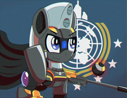 Size: 1440x1111 | Tagged: safe, artist:trackheadtherobopony, imported from derpibooru, oc, oc:trackhead, pony, robot, robot pony, anti-materiel rifle, armor, cape, clothes, flag, helldivers 2, salute, solo, stratagem
