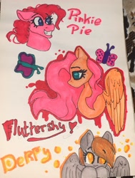 Size: 1977x2613 | Tagged: safe, artist:deadsmoke, imported from derpibooru, derpy hooves, fluttershy, pinkie pie, butterfly, earth pony, pegasus, bubble, bust, curly mane, cute, irl, looking at you, marker drawing, photo, portrait, smiling, teeth, traditional art