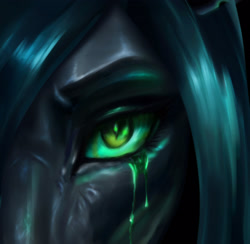 Size: 2258x2207 | Tagged: safe, artist:polnocnykot, imported from derpibooru, queen chrysalis, changeling, changeling queen, angry, bust, changeling slime, close-up, crying, dark, digital art, evil, eyebrows, eyelashes, eyeshadow, female, female focus, glowing, glowing eyes, green eyes, looking at you, makeup, mare, night, portrait, solo, solo focus, tears of anger, teary eyes