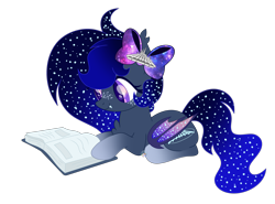 Size: 2296x1702 | Tagged: safe, artist:pure-blue-heart, imported from derpibooru, oc, oc only, oc:space mountain, bat pony, base used, bat pony oc, bat wings, book, bow, chest fluff, disney, disneyland, ethereal mane, fangs, female, freckles, gradient hooves, hair bow, lying down, mare, open book, reading, simple background, solo, starry mane, transparent background, wings