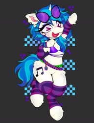 Size: 1576x2048 | Tagged: safe, artist:pxppyclawz, imported from derpibooru, dj pon-3, vinyl scratch, pony, semi-anthro, unicorn, alternate hairstyle, bipedal, blushing, bra, choker, clothes, colored eyebrows, colored pinnae, coontails, ear piercing, earring, eye clipping through hair, eyebrows, eyelashes, eyeshadow, female, fluffy, glasses, gray background, grid, heart tongue, horn, jewelry, leg warmers, makeup, mare, open mouth, open smile, piercing, raised hoof, signature, simple background, smiling, solo, stars, tamagotchi, underwear, unusual pupils, vinyl's glasses, waving