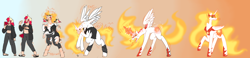 Size: 4356x1007 | Tagged: safe, artist:st0ne-drag0n, imported from derpibooru, daybreaker, alicorn, human, pony, clothes, concave belly, fan, female, fire, fire breath, gradient background, hand fan, high res, human to pony, magic, magic aura, mane of fire, mare, ripping clothes, sweat, tail, tail of fire, tall, transformation, transformation sequence