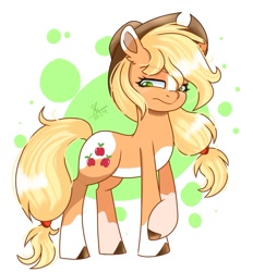 Size: 1129x1215 | Tagged: safe, artist:galaxy swirl, imported from derpibooru, applejack, earth pony, pony, abstract background, applejack's hat, blaze (coat marking), circle background, coat markings, cowboy hat, eye clipping through hair, eyebrows, eyebrows visible through hair, facial markings, female, freckles, hairband, hat, lidded eyes, looking down, mare, pale belly, signature, socks (coat markings), solo