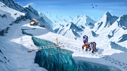Size: 6284x3534 | Tagged: safe, artist:helmie-art, imported from derpibooru, oc, oc only, oc:eagle fly, bird, pegasus, background, crevice, female, flag, glacier, mare, mountain, mountain range, mountain rescue, rescue, snow, solo, swiss flag, switzerland