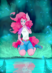 Size: 1394x1949 | Tagged: safe, artist:destiny_manticor, imported from derpibooru, pinkie pie, human, equestria girls, too many pinkie pies, boots, cave, clothes, female, glowing mushroom, humanized, looking at self, mirror pool, mushroom, open mouth, pony ears, reflection, scene interpretation, shirt, shoes, shorts, solo, t-shirt, tail, tailed humanization