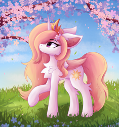 Size: 3005x3200 | Tagged: safe, artist:gaffy, imported from derpibooru, princess celestia, alicorn, pony, alternate hairstyle, cheek fluff, cherry blossoms, chest fluff, cute, ear fluff, eye clipping through hair, eyebrows, eyebrows visible through hair, flower, flower blossom, flower in hair, horn, pink-mane celestia, raised hoof, spread wings, wings