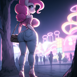 Size: 1024x1024 | Tagged: safe, imported from derpibooru, pinkie pie, anthro, earth pony, adorasexy, ai content, ai generated, bag, balloonbutt, bare shoulders, big breasts, breasts, busty pinkie pie, butt, carnival, clothes, curvy, cute, denim, female, forest, hand in pocket, handbag, high heels, hourglass figure, huge breasts, impossibly thin waist, jeans, large butt, looking back, mysterious, nature, neon, night, no tail, pants, pink eyes, prompter:horselover fat, purse, rear view, sexy, shoes, shoulderless, solo, stupid sexy pinkie, surreal, tree, wasp waist, wide hips, wrong eye color