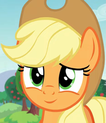 Size: 935x1080 | Tagged: safe, edit, edited screencap, editor:twilyisbestpone, imported from derpibooru, screencap, applejack, earth pony, pony, season 5, the mane attraction, applejack is best facemaker, applejack's hat, cowboy hat, cropped, cute, female, hat, inverted mouth, jackabetes, mare, smiling, solo