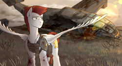 Size: 1980x1080 | Tagged: safe, artist:chevapchichi_, imported from derpibooru, pegasus, fallout equestria, blood, body armor, bush, complex background, devastation, enclave, frown, grass, grass field, green eyes, male, red mane, ruins, solo, spread wings, technology, transportation, vertibuck, wasteland, wings
