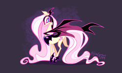 Size: 4000x2400 | Tagged: safe, artist:janegumball, imported from derpibooru, fluttershy, bat pony, pony, abstract background, alternate cutie mark, alternate design, alternate eye color, alternate timeline, alternate universe, armor, bags under eyes, bat ponified, bite mark, blue sclera, colored eyelashes, colored pupils, colored sclera, colored wings, eternal night au (janegumball), ethereal mane, ethereal tail, fangs, female, flutterbat, frown, helmet, high res, large wings, long legs, long mane, long neck, long tail, mare, narrowed eyes, nightmare fluttershy, nightmare takeover timeline, nightmarified, partially open wings, peytral, pink eyes, pink mane, pink tail, profile, race swap, signature, slit pupils, solo, standing, tail, tall ears, tallershy, teal sclera, thin legs, two toned wings, wavy mane, wavy tail, wings, yellow coat