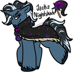 Size: 1561x1521 | Tagged: safe, artist:sexygoatgod, imported from derpibooru, oc, oc only, oc:jackz nightshade, pony, unicorn, adoptable, cape, clothes, horn, male, offspring, parent:king sombra, parent:trixie, parents:trixbra, simple background, solo, transparent background