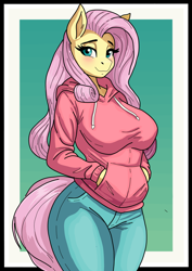 Size: 1240x1754 | Tagged: safe, artist:rekheadz, imported from derpibooru, fluttershy, anthro, pegasus, big breasts, blushing, border, breasts, busty fluttershy, clothes, denim, female, gradient background, hand in pocket, hoodie, jeans, lidded eyes, mare, pants, passepartout, smiling, solo