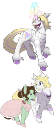 Size: 1000x2280 | Tagged: safe, artist:squeezymouse, derpibooru exclusive, imported from derpibooru, oc, oc only, oc:good graces, oc:tri color, earth pony, unicorn, blonde mane, bowtie, brown mane, clothes, colored hooves, colored horn, description is relevant, dress, duo, duo male and female, earth pony oc, eyeshadow, female, glasses, horn, magic, magic aura, makeup, male, mental breakdown, no pants, no shading, rainbow horn, rainbow magic aura, shiny hooves, shoes, simple background, simple shading, suit, sweater, tail, transparent background, two toned tail, unicorn oc, unshorn fetlocks, unusually shaped magic aura