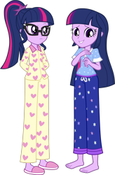 Size: 3140x4800 | Tagged: safe, artist:octosquish7260, imported from derpibooru, sci-twi, twilight sparkle, human, equestria girls, barefoot, clothes, feet, female, glasses, looking at each other, looking at someone, pajamas, pants, self paradox, shirt, simple background, slippers, teenager, teeth, transparent background, twolight