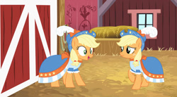 Size: 1280x707 | Tagged: safe, artist:brightstar40k, imported from derpibooru, applejack, changeling, earth pony, pony, barn, base used, clothes, coronation dress, disguise, disguised changeling, double, dress, duo, female, freckles, hat, impostor, mare, oh my, oh no, uh oh, worried